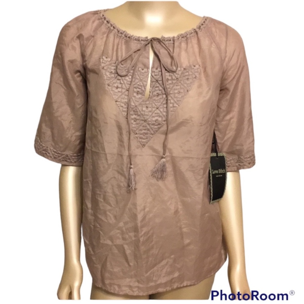 Love Stitch elbow sleeve sheer blouse
